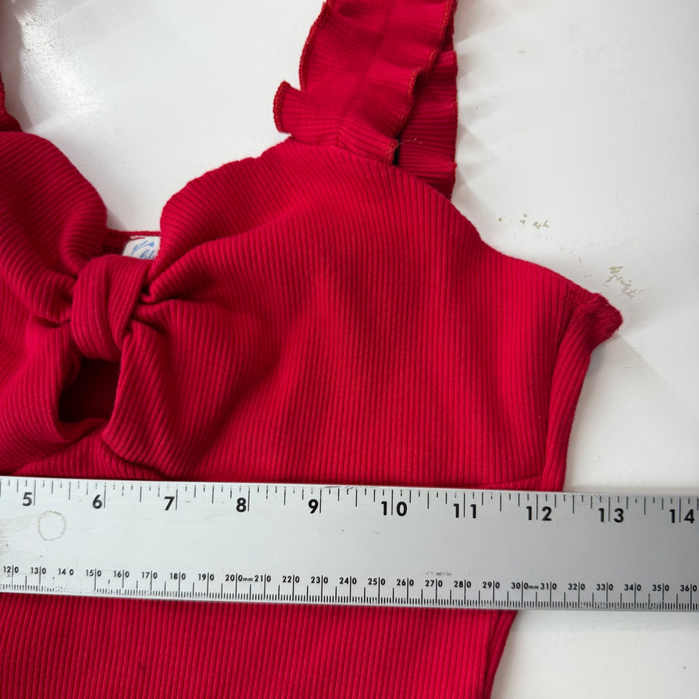 Francesca’s Red Ribbed Ruffle Strap Bodysuit XL Valentine Romantic Stretch - Picture 6 of 10